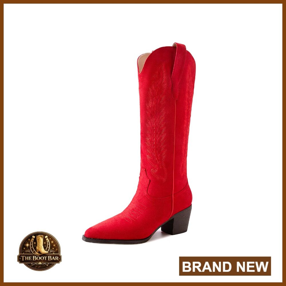 Knee High Cowboy Boots With Embroidered Pointed Toe Chunky Heel Faux Suede